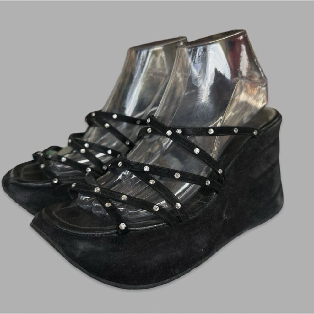 Y2K Stephane Kelian Strappy Suede Rhinestone Platform Wedge Sandals Black 8.5